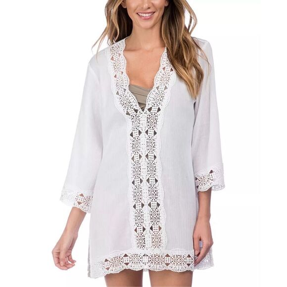 NEW La Blanca White Island Fare Crochet Trim Tunic Swimsuit Cover Up Large White - Picture 1 of 12